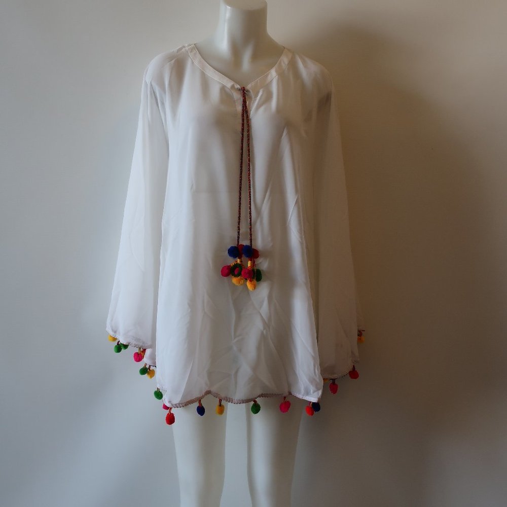 NWT TINA DEMEL SEMI-SHEER POMPOMS KAFTAN TOP S/M *